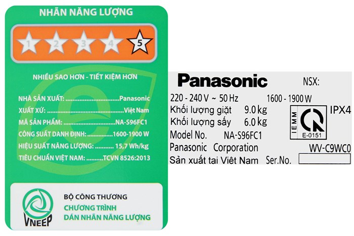 Máy giặt sấy Panasonic Inverter giặt 9 kg sấy 6 kg NA-S96FC1LVT